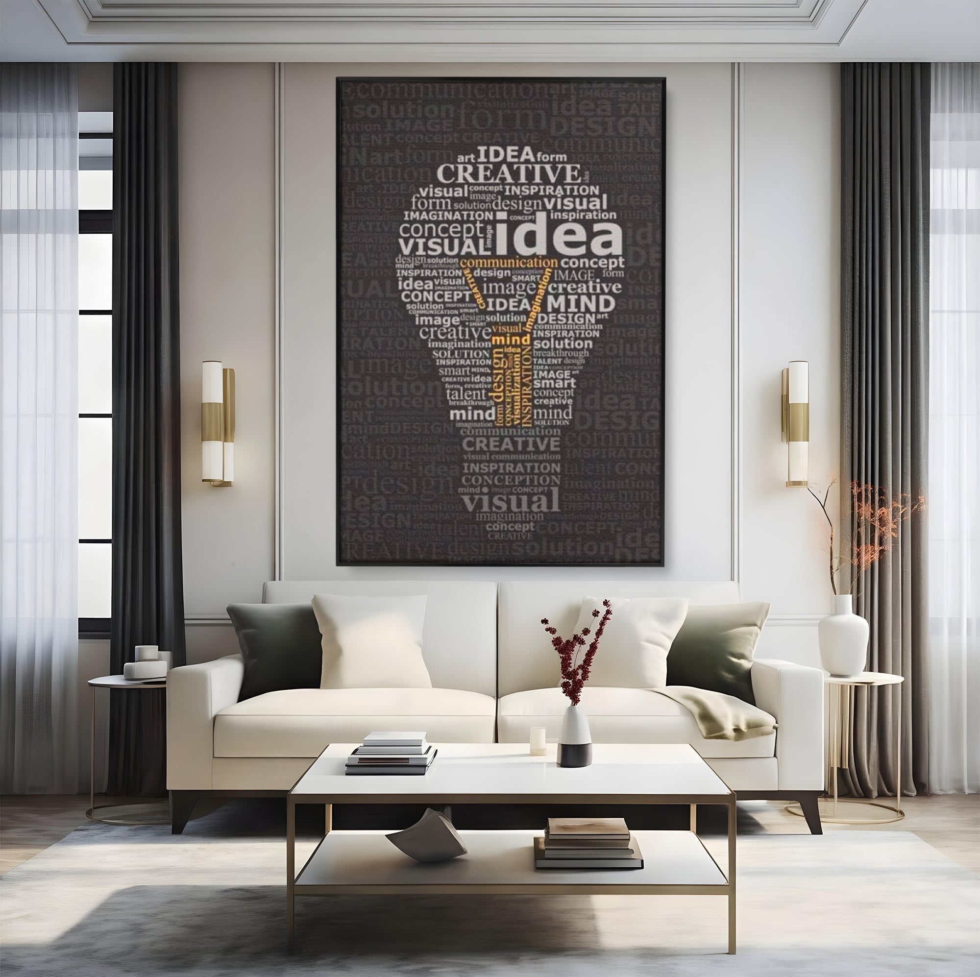 Tablou canvas cu tablou canvas cu silueta de bec formata din cuvinte, in rama de aluminiu negru, pe perete intr-un living
